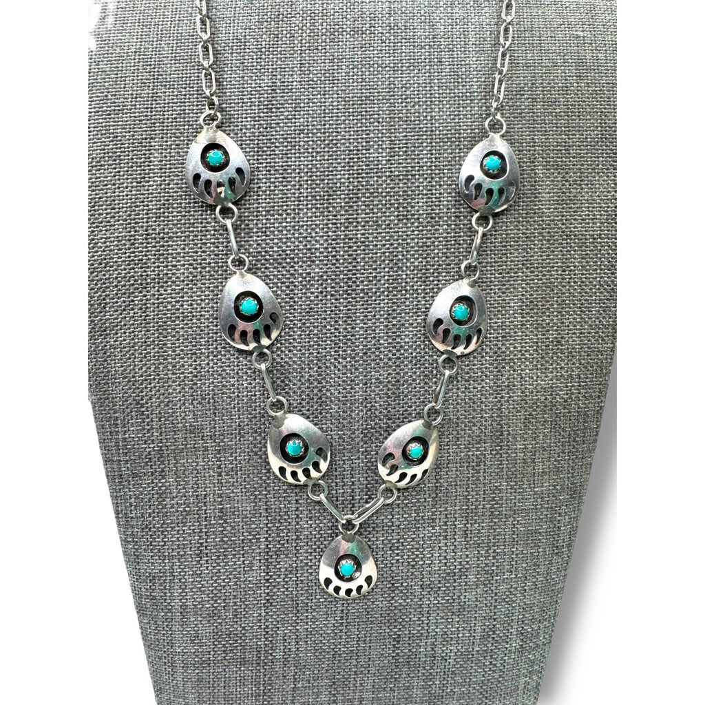Vintage Native American Navajo Sterling Silver Necklace Turquoise Bear Paw 22.5"