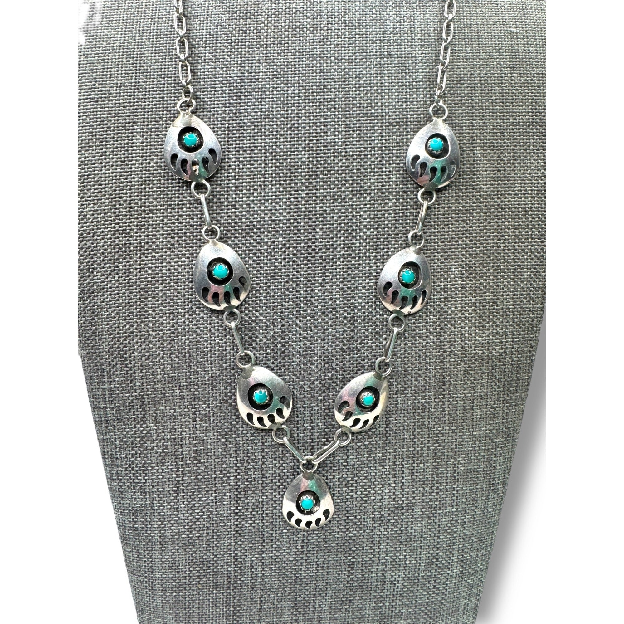 Vintage Native American Navajo Sterling Silver Necklace Turquoise Bear Paw 22.5"
