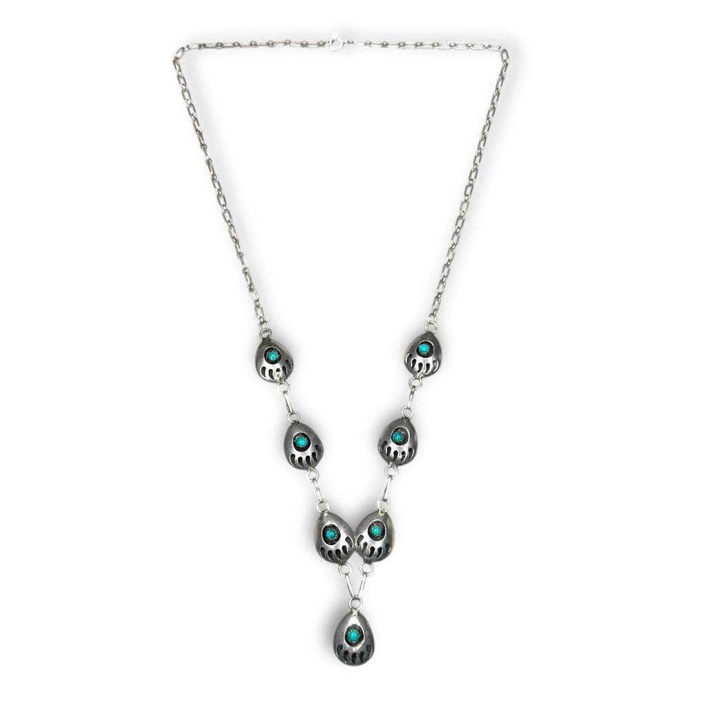 Vintage Native American Navajo Sterling Silver Necklace Turquoise Bear Paw 22.5"