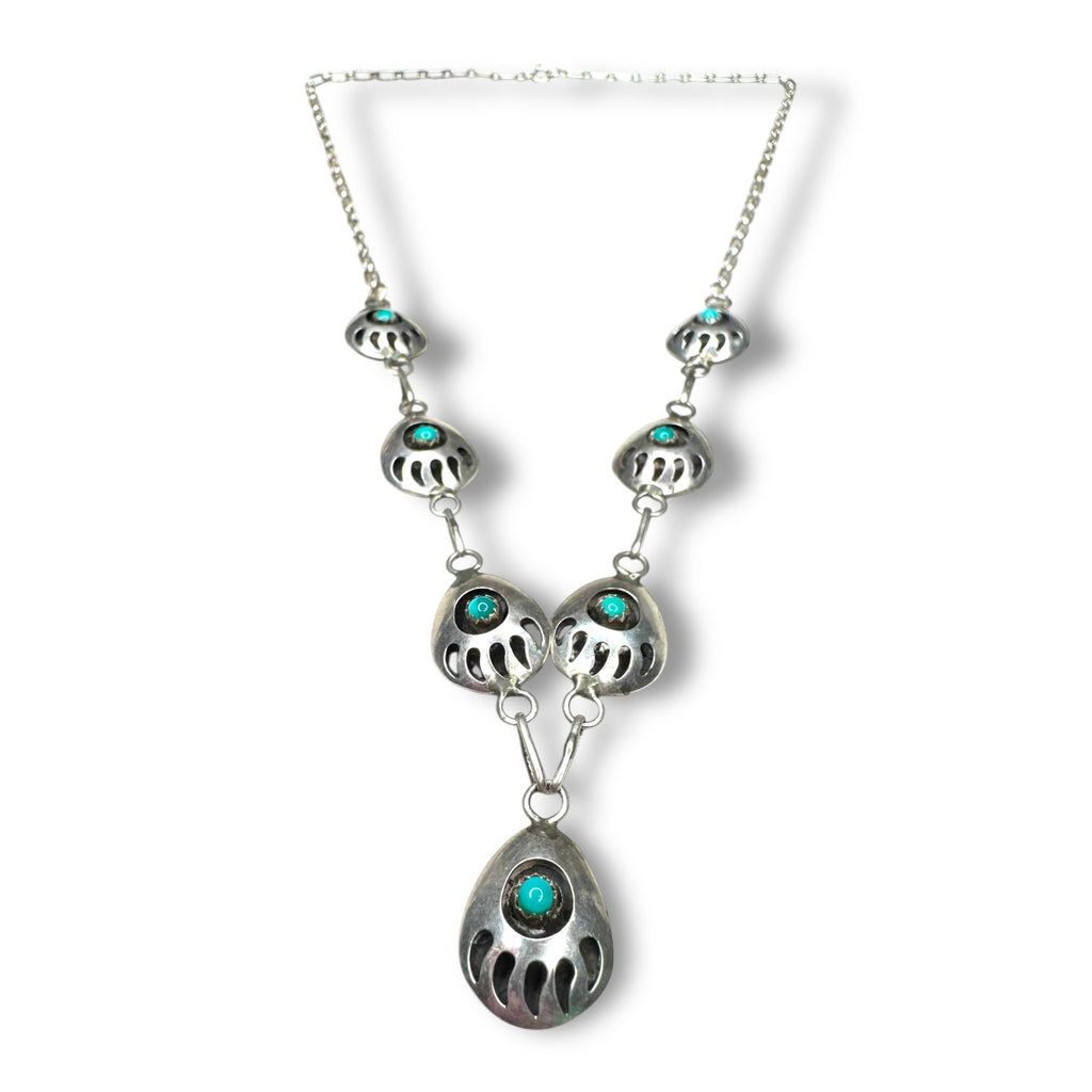 Vintage Native American Navajo Sterling Silver Necklace Turquoise Bear Paw 22.5"
