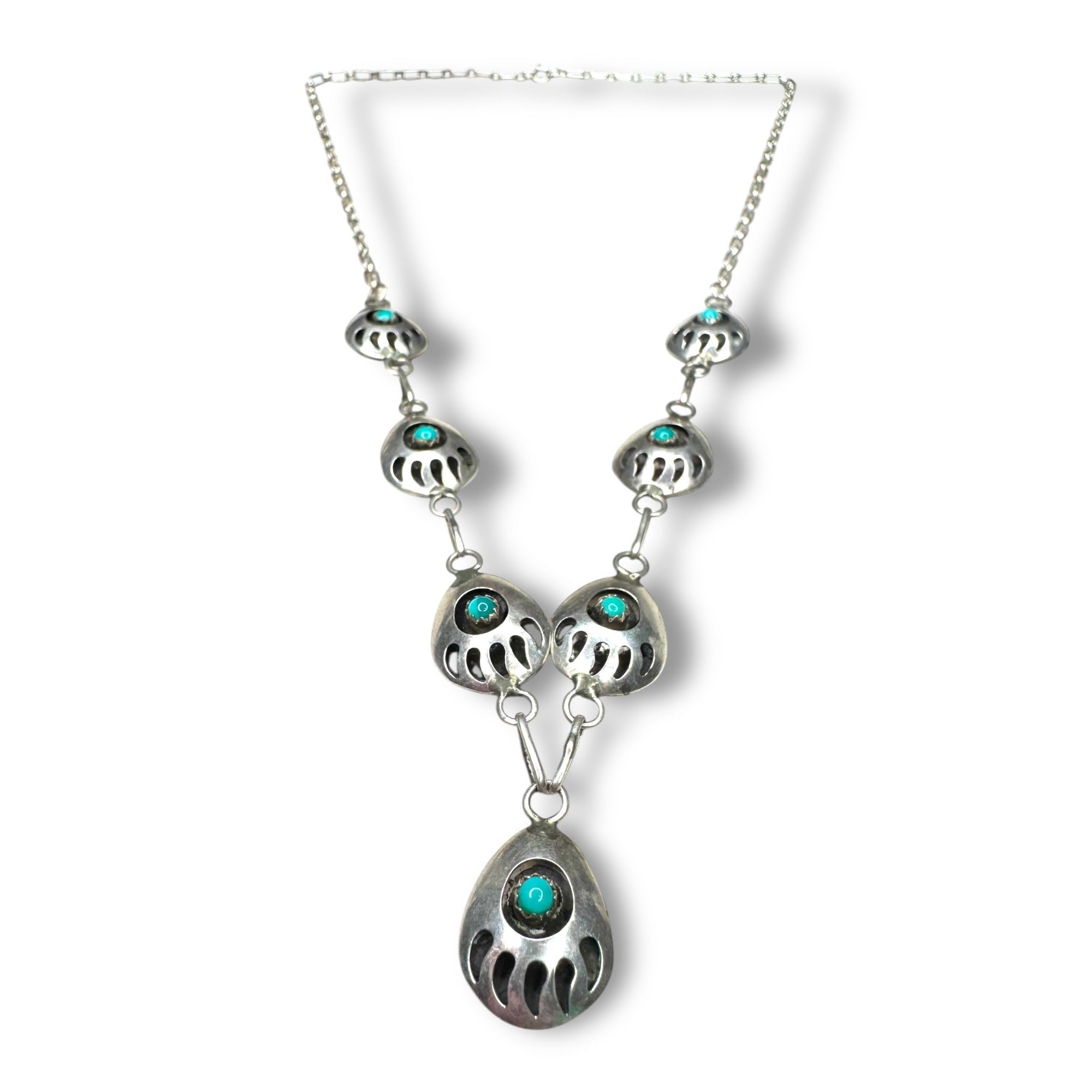 Vintage Native American Navajo Sterling Silver Necklace Turquoise Bear Paw 22.5"