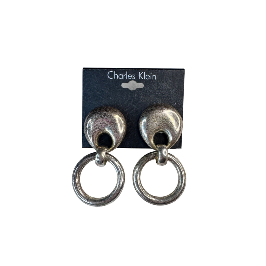 Charles Klein Clip On Earrings Silver Tone Hoop 1990s Vintage