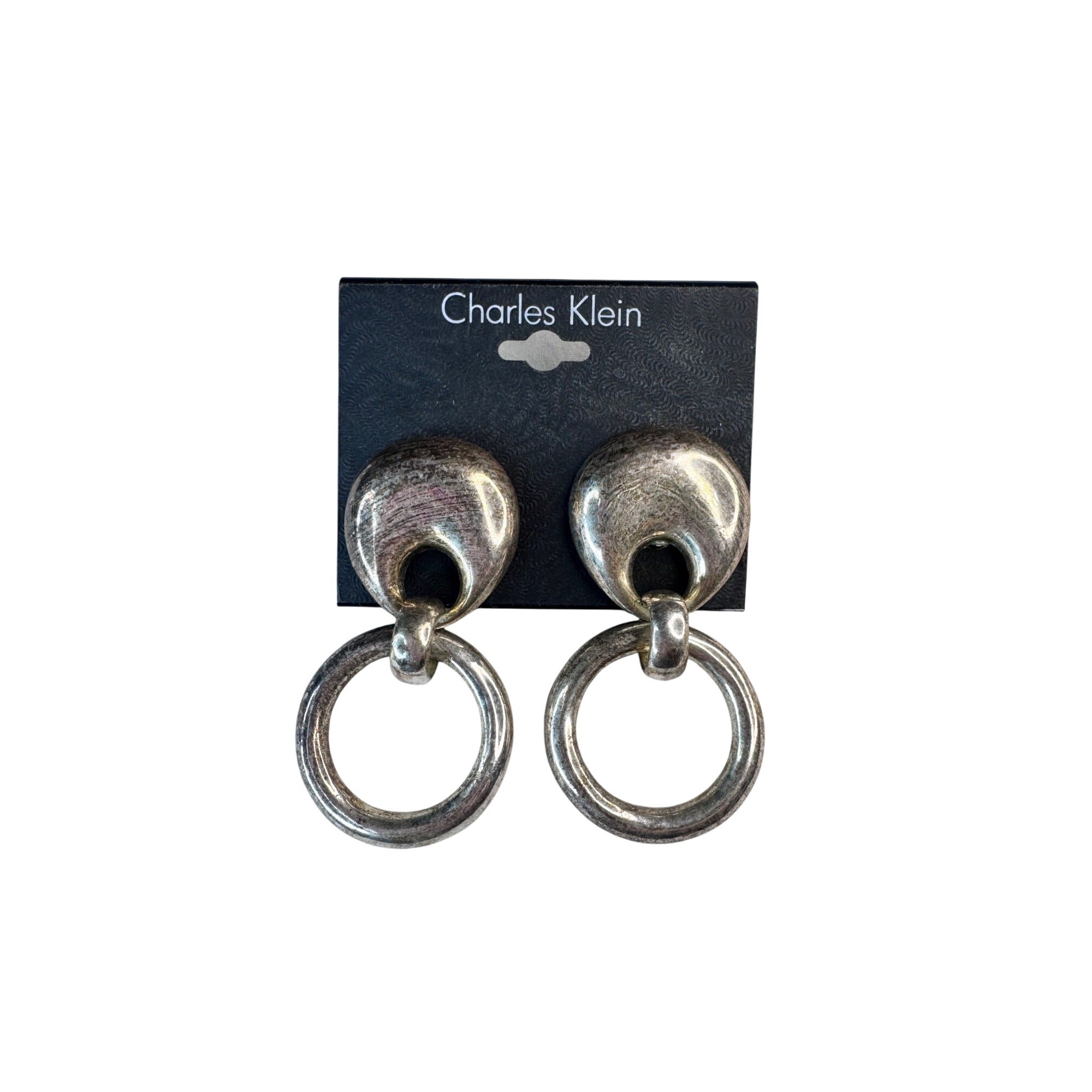 Charles Klein Clip On Earrings Silver Tone Hoop 1990s Vintage