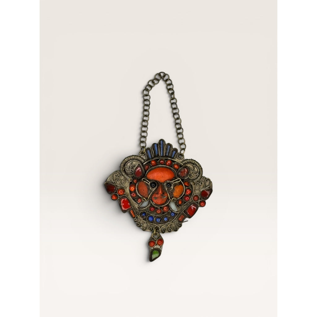 Tibetan Kirtimukha Mask Pendant Himalayan Tribal Amulet Glass Inlay Vintage