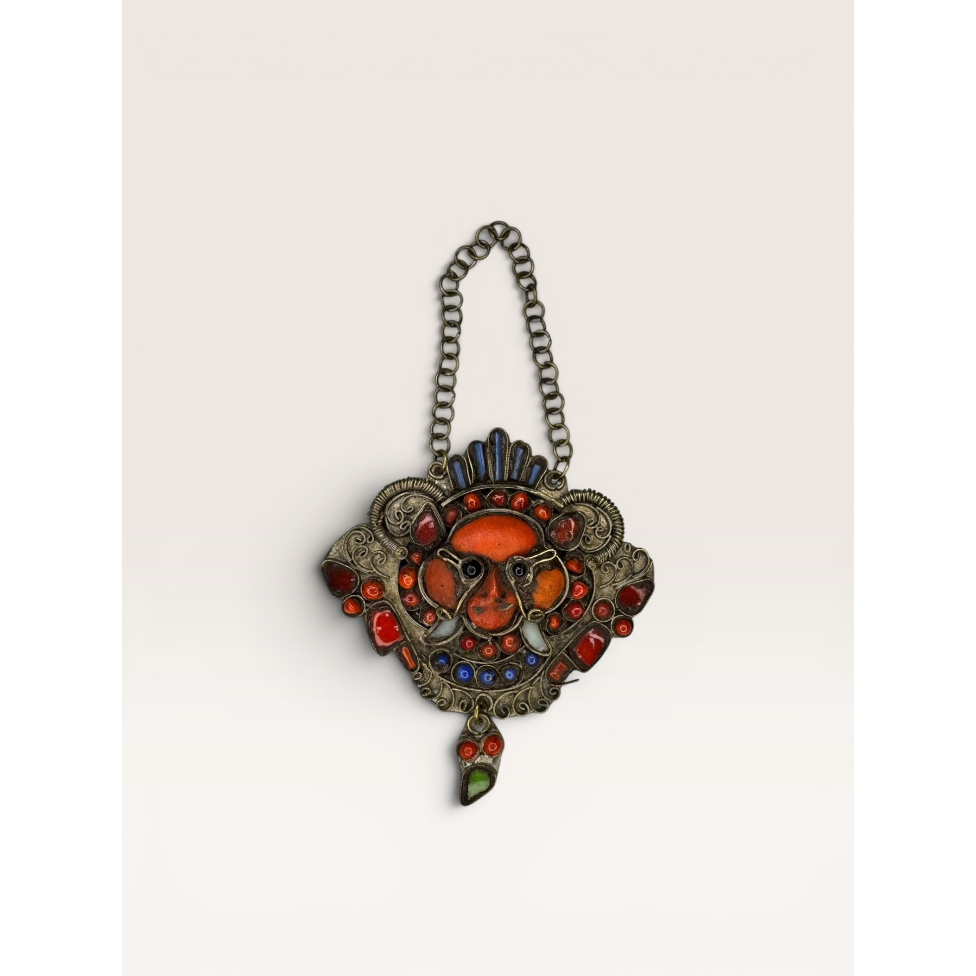 Tibetan Kirtimukha Mask Pendant Himalayan Tribal Amulet Glass Inlay Vintage