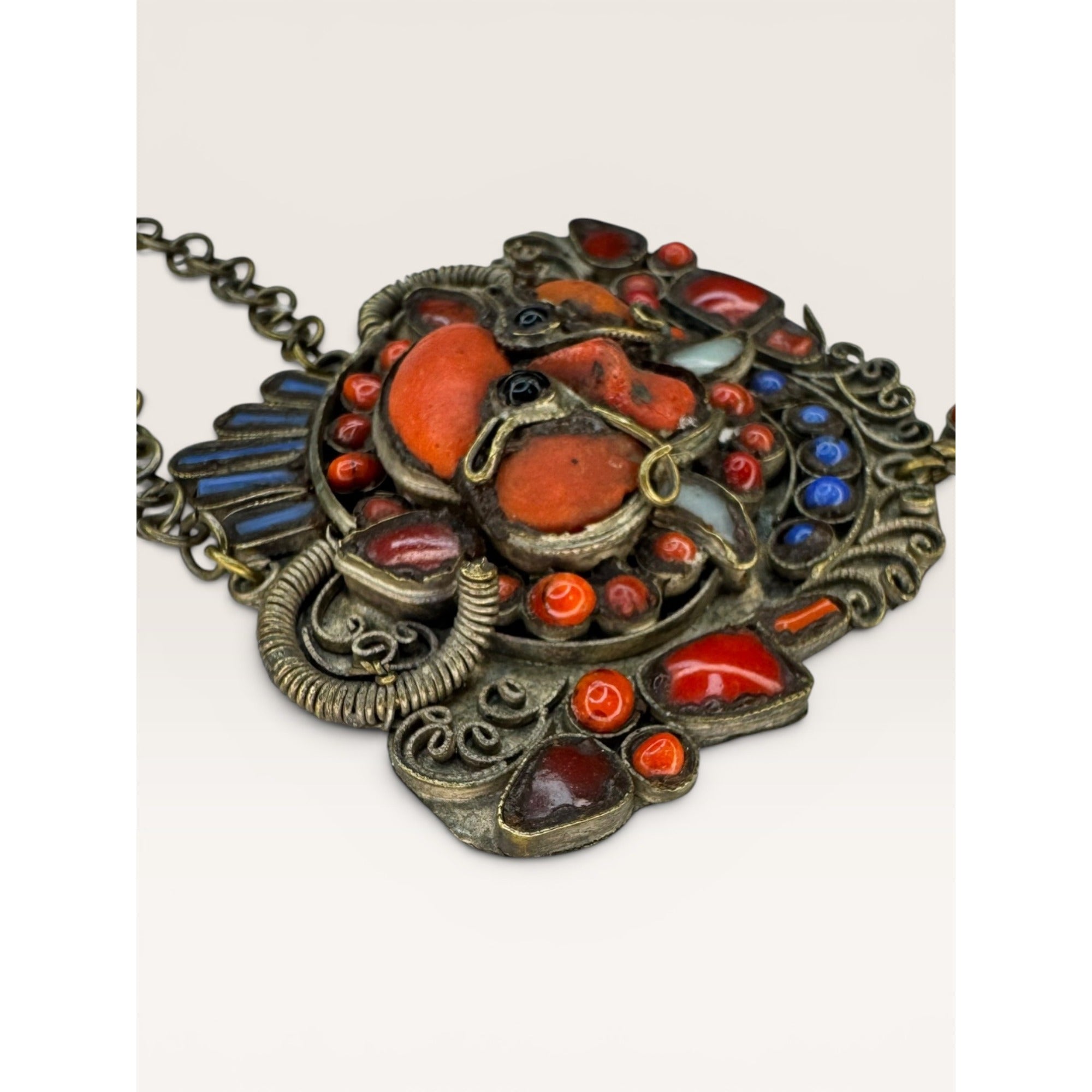 Tibetan Kirtimukha Mask Pendant Himalayan Tribal Amulet Glass Inlay Vintage