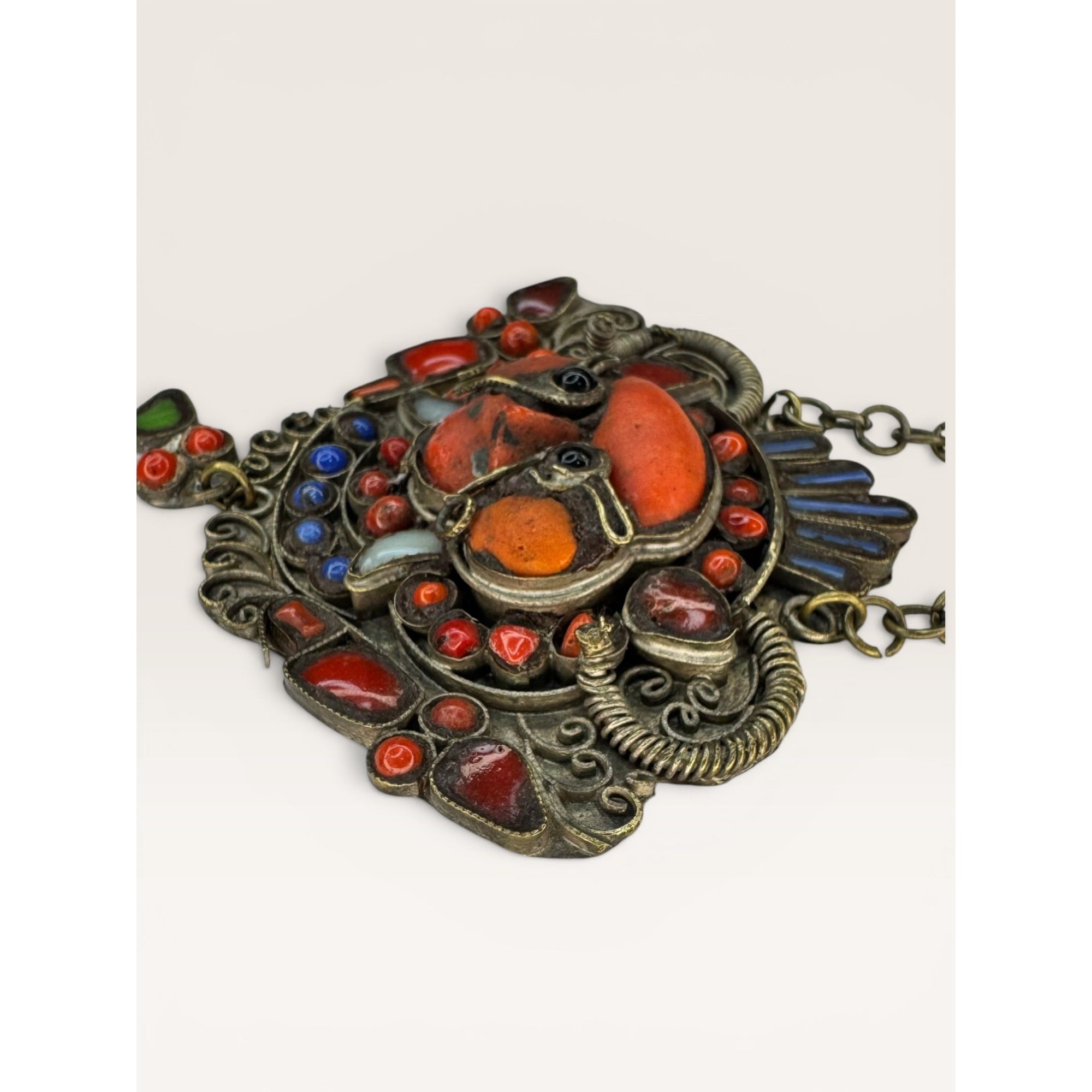 Tibetan Kirtimukha Mask Pendant Himalayan Tribal Amulet Glass Inlay Vintage