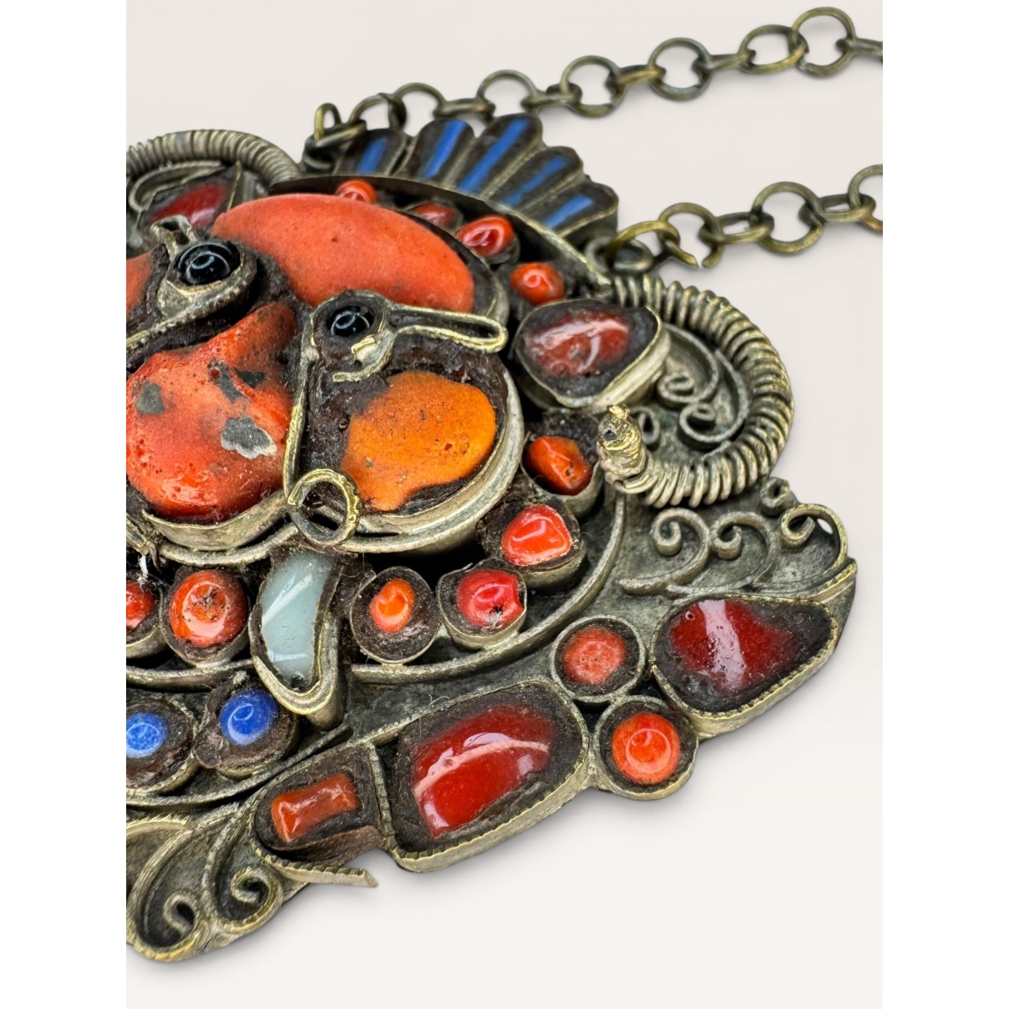 Tibetan Kirtimukha Mask Pendant Himalayan Tribal Amulet Glass Inlay Vintage