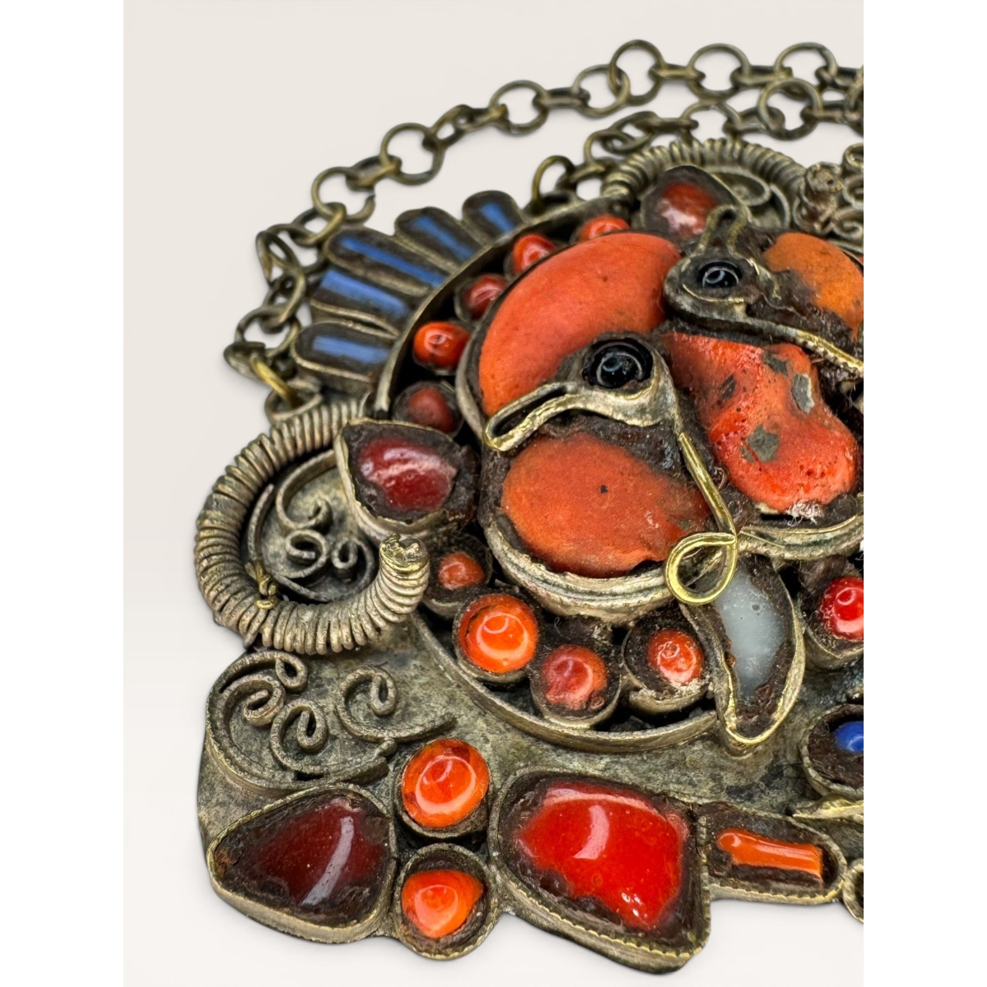 Tibetan Kirtimukha Mask Pendant Himalayan Tribal Amulet Glass Inlay Vintage