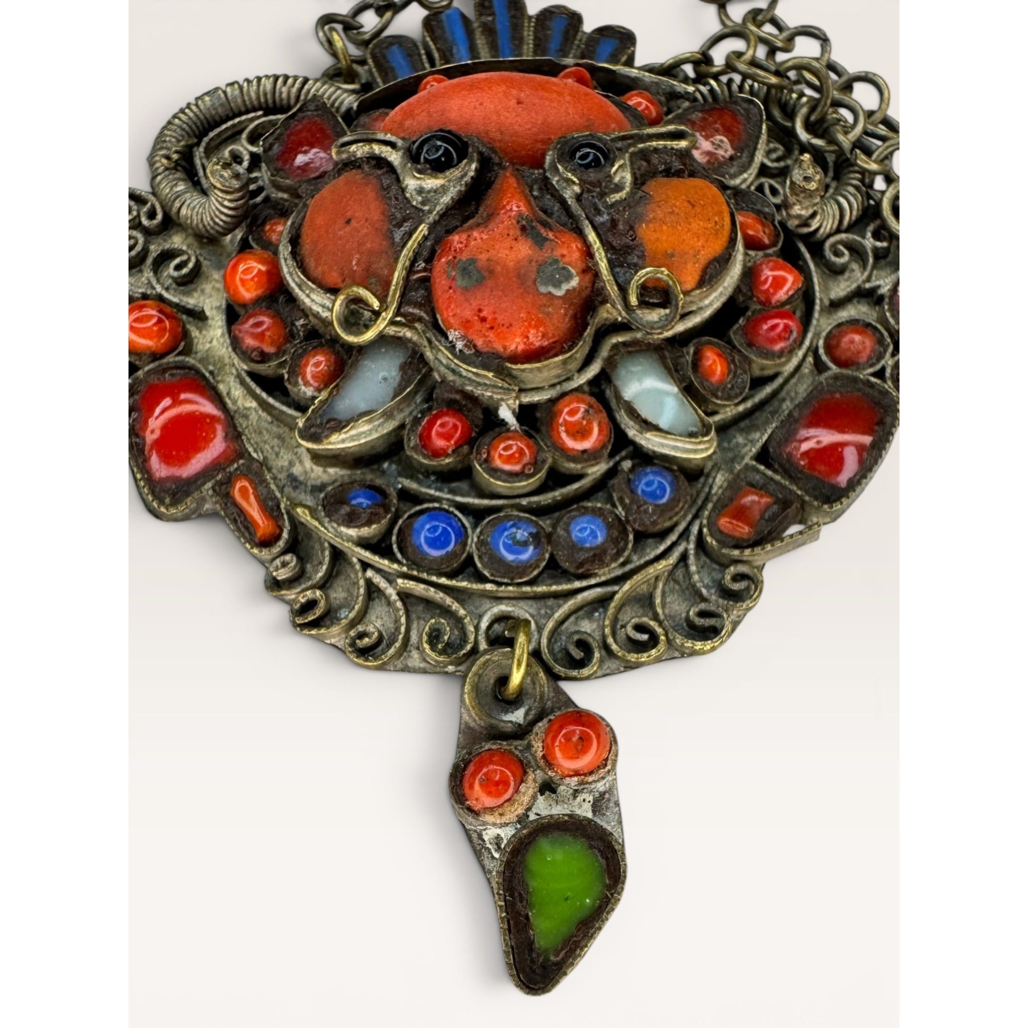 Tibetan Kirtimukha Mask Pendant Himalayan Tribal Amulet Glass Inlay Vintage