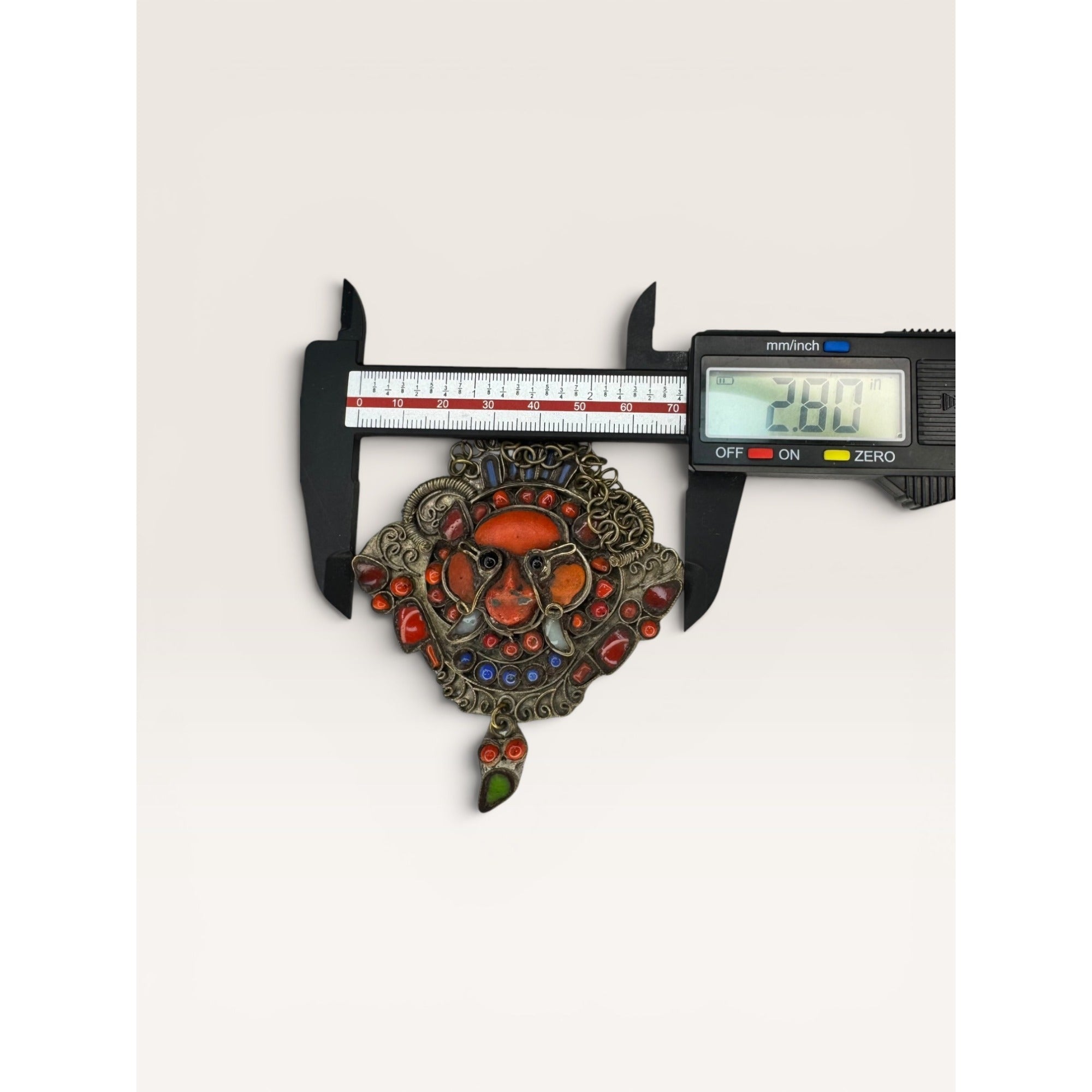 Tibetan Kirtimukha Mask Pendant Himalayan Tribal Amulet Glass Inlay Vintage