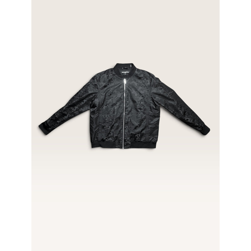 Karl Lagerfeld Mens XXL Camo Bomber Jacket Black Matte Satin Streetwear Modern