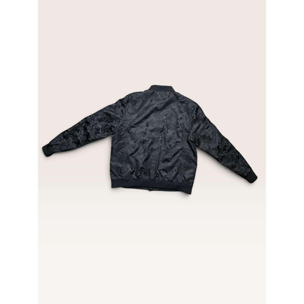 Karl Lagerfeld Mens XXL Camo Bomber Jacket Black Matte Satin Streetwear Modern