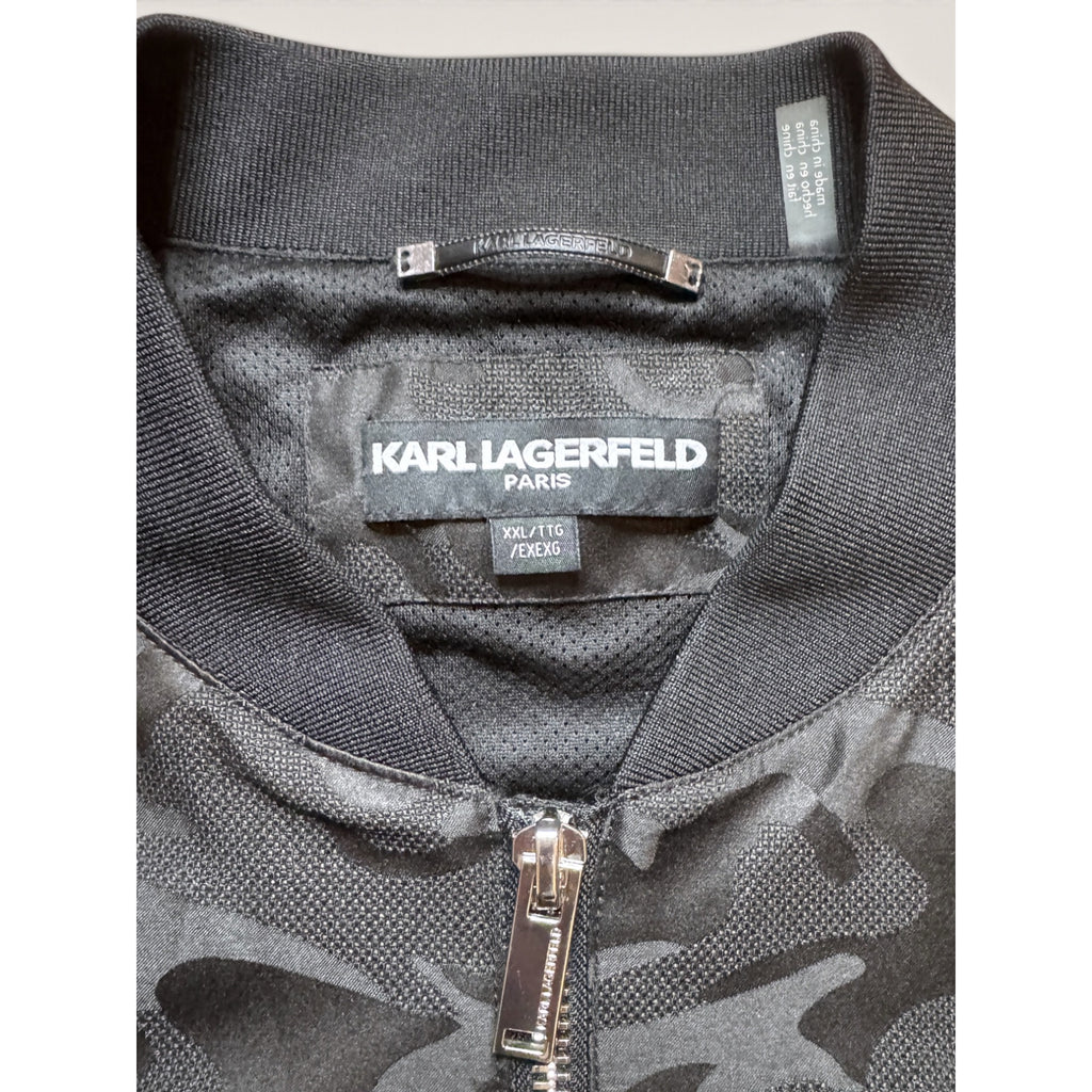 Karl Lagerfeld Mens XXL Camo Bomber Jacket Black Matte Satin Streetwear Modern