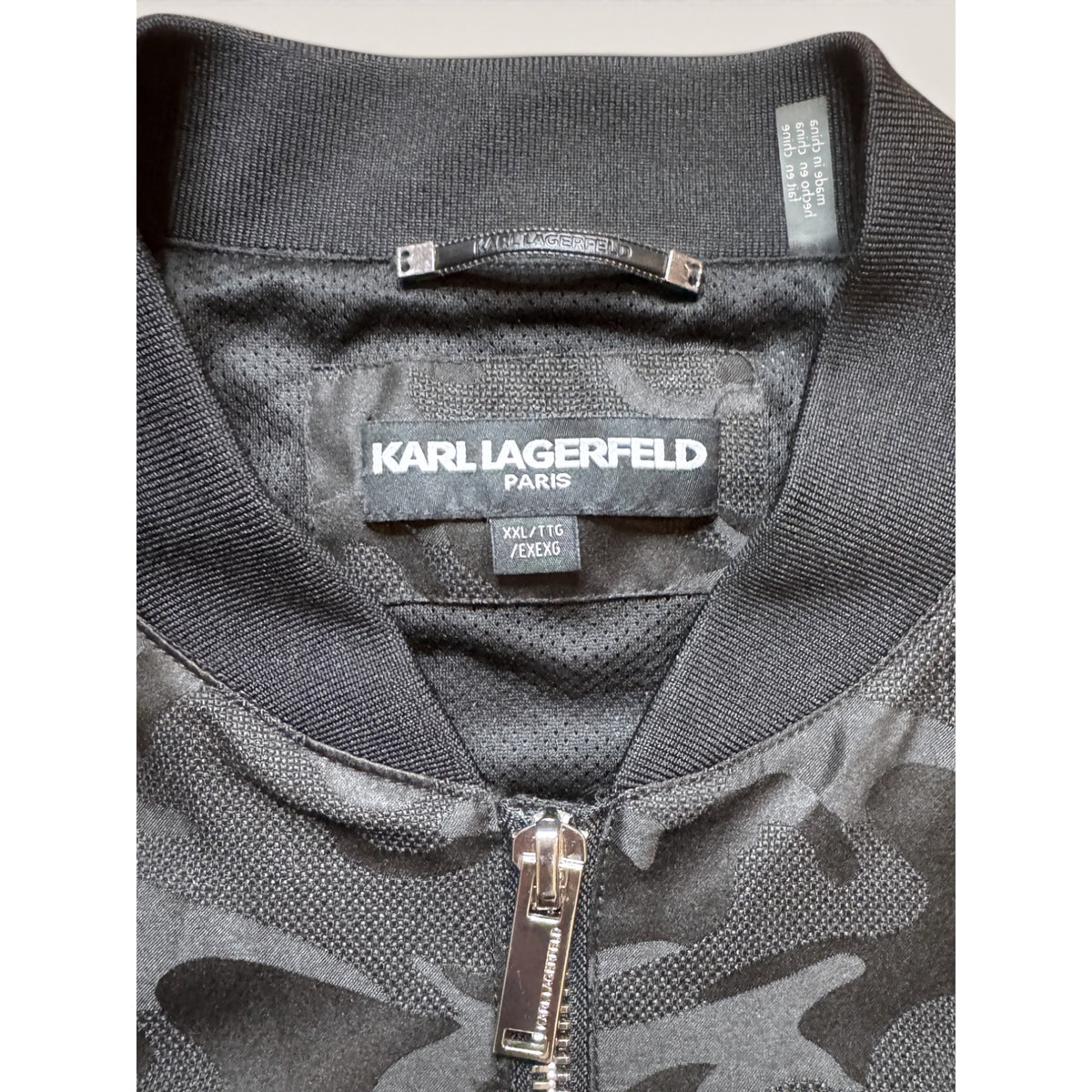 Karl Lagerfeld Mens XXL Camo Bomber Jacket Black Matte Satin Streetwear Modern