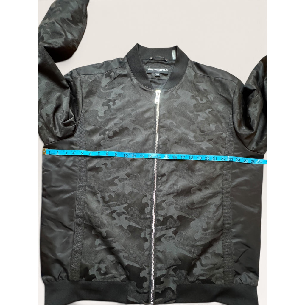 Karl Lagerfeld Mens XXL Camo Bomber Jacket Black Matte Satin Streetwear Modern