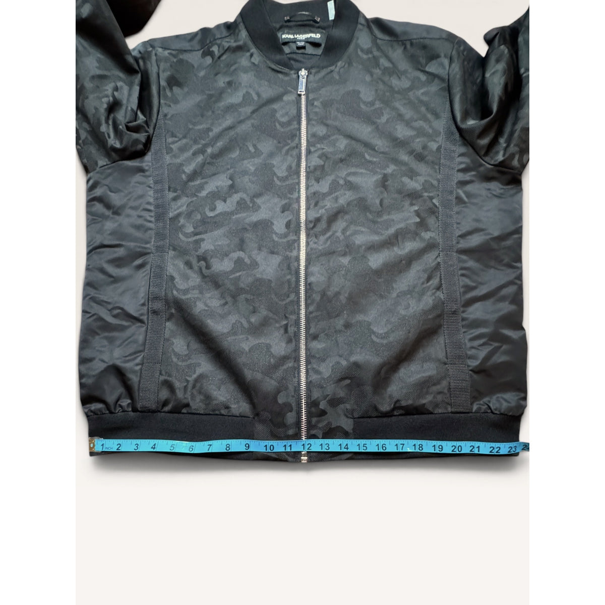 Karl Lagerfeld Mens XXL Camo Bomber Jacket Black Matte Satin Streetwear Modern