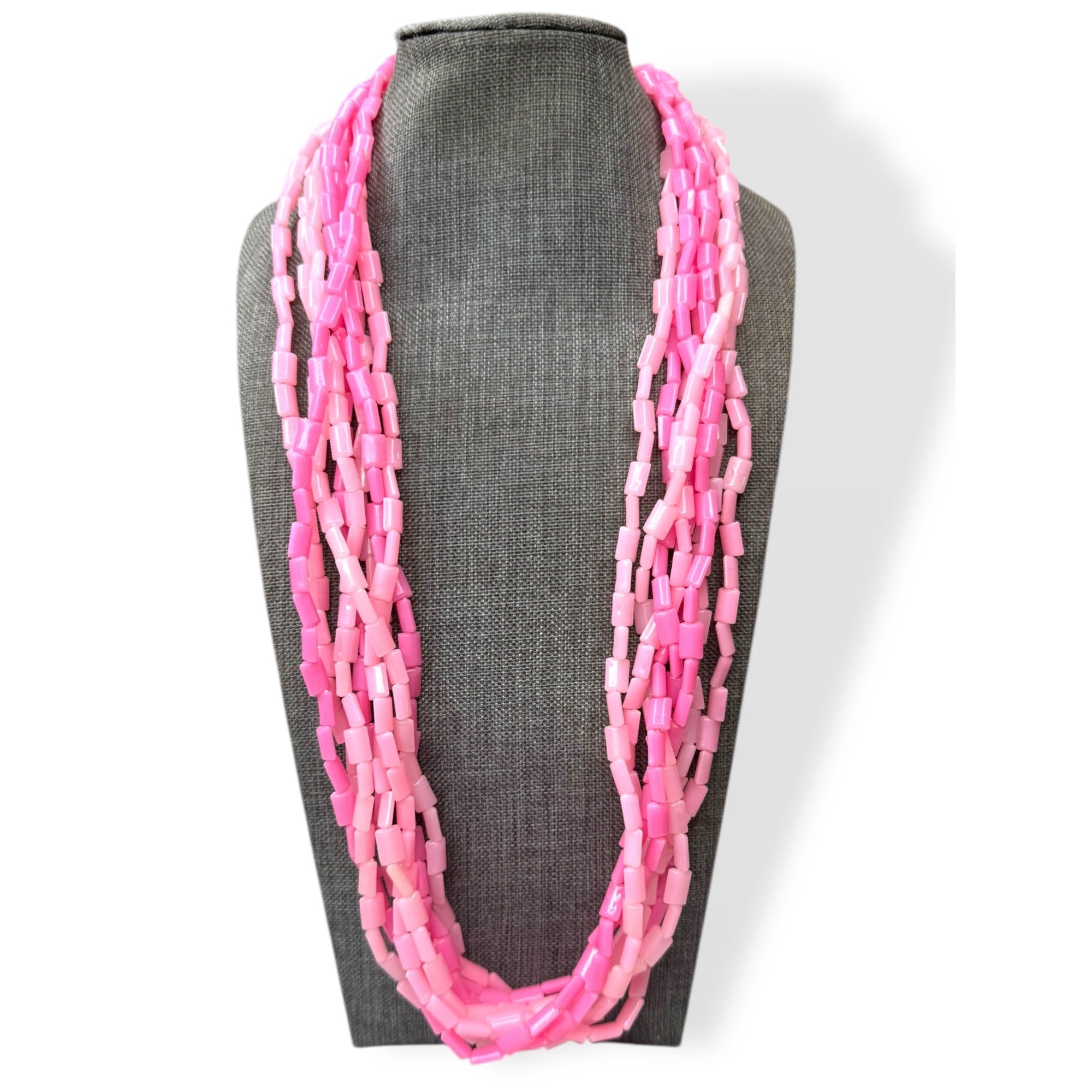 Hong Kong 8 Strand Pink Acrylic Necklace Fold Over Clasp 26" Mid-Century Vintage