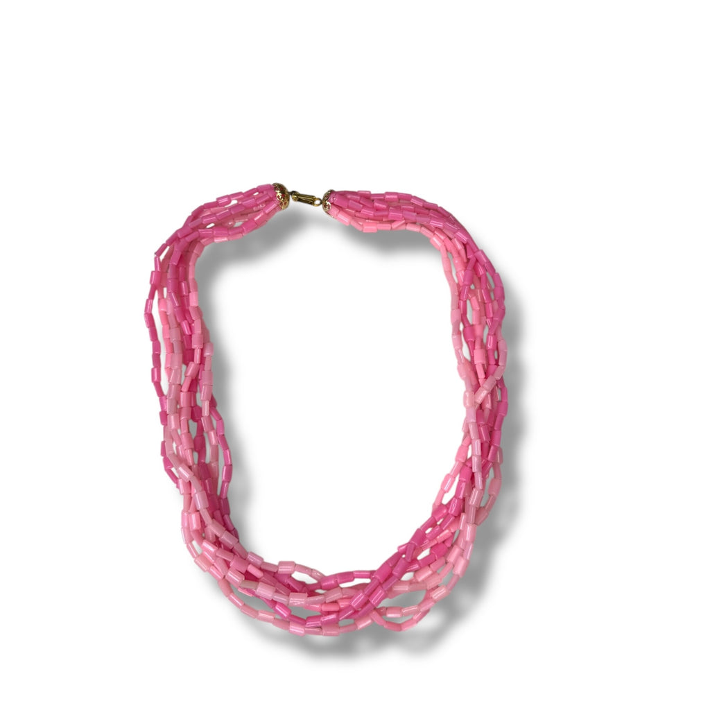 Hong Kong 8 Strand Pink Acrylic Necklace Fold Over Clasp 26" Mid-Century Vintage