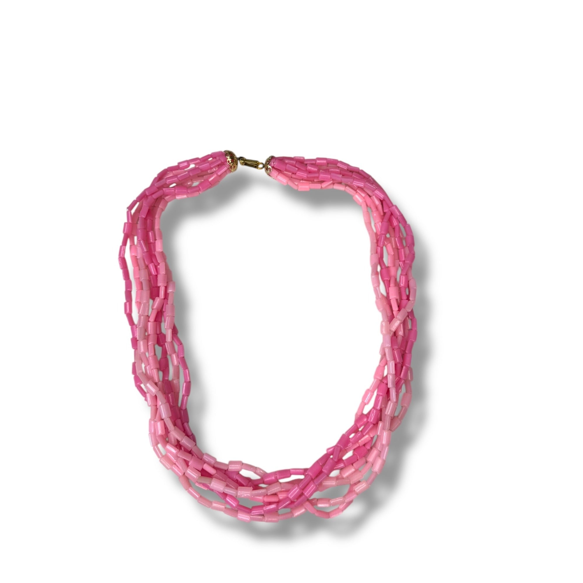 Hong Kong 8 Strand Pink Acrylic Necklace Fold Over Clasp 26" Mid-Century Vintage