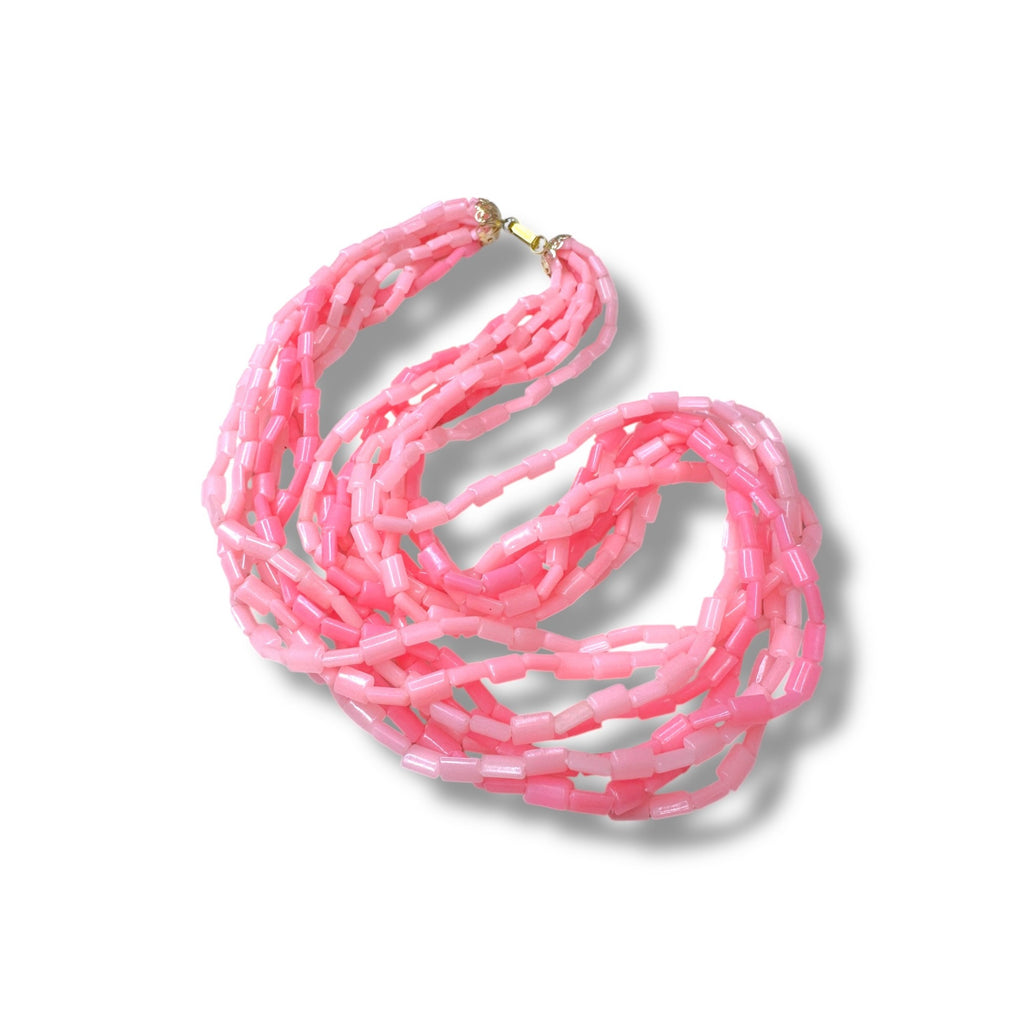 Hong Kong 8 Strand Pink Acrylic Necklace Fold Over Clasp 26" Mid-Century Vintage