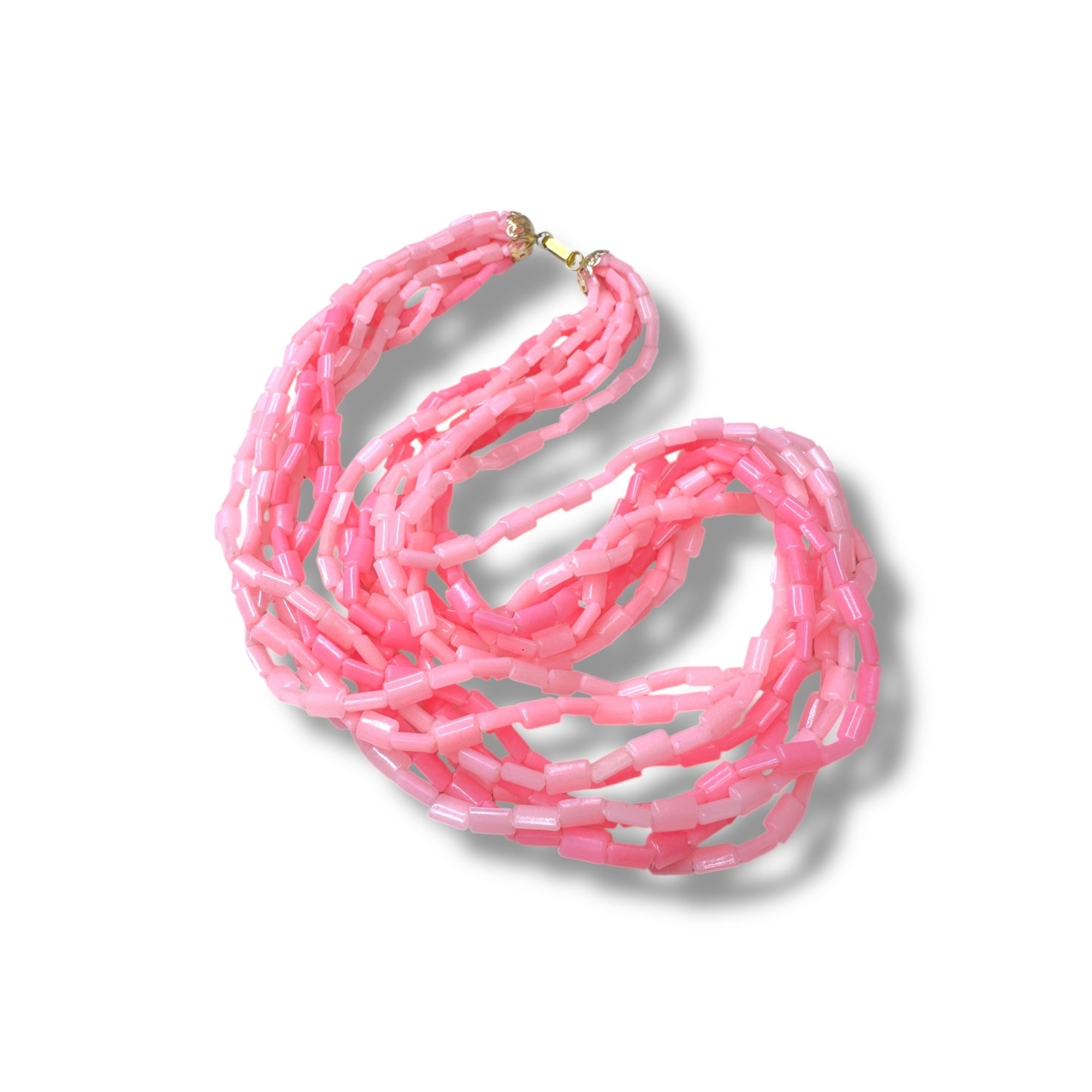 Hong Kong 8 Strand Pink Acrylic Necklace Fold Over Clasp 26" Mid-Century Vintage