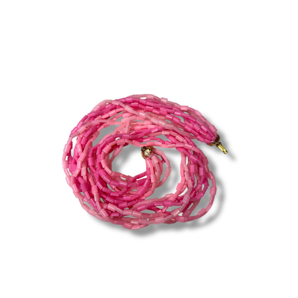 Hong Kong 8 Strand Pink Acrylic Necklace Fold Over Clasp 26" Mid-Century Vintage
