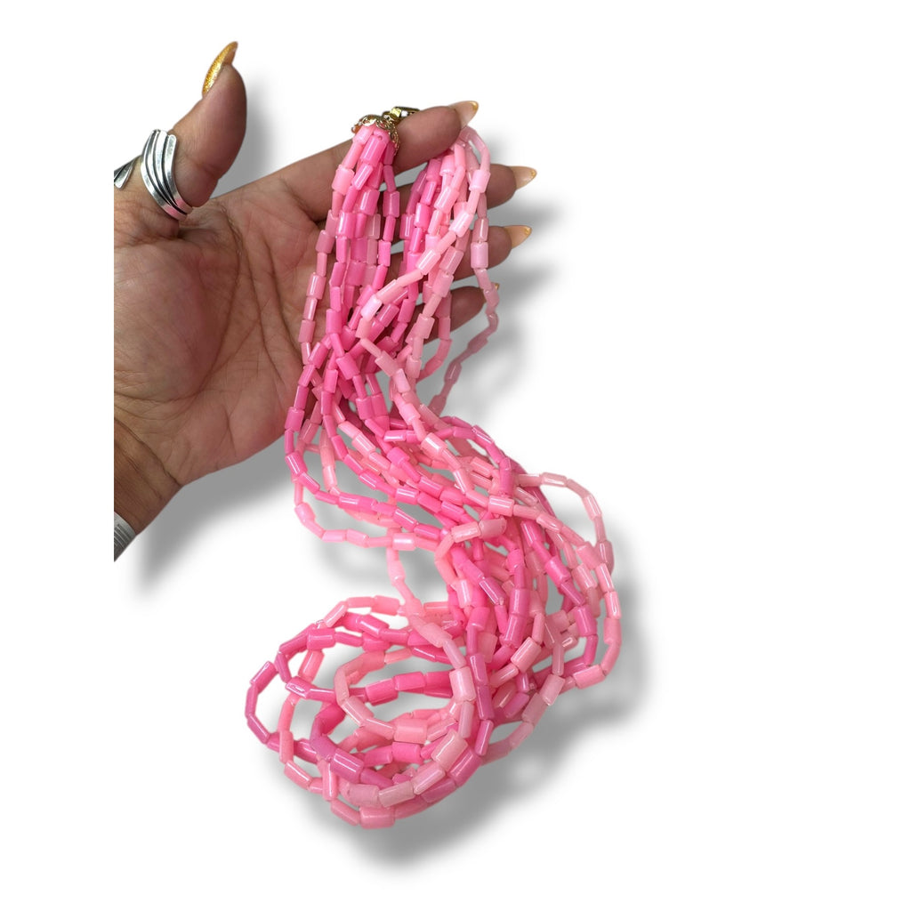 Hong Kong 8 Strand Pink Acrylic Necklace Fold Over Clasp 26" Mid-Century Vintage