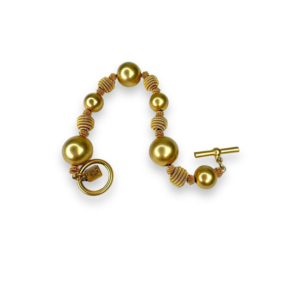 Y2K Anne Klein Chunky Brushed Gold Tone Beaded Bracelet 7.75” Toggle Clasp