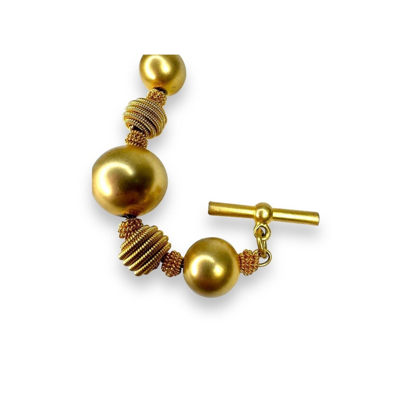 Y2K Anne Klein Chunky Brushed Gold Tone Beaded Bracelet 7.75” Toggle Clasp