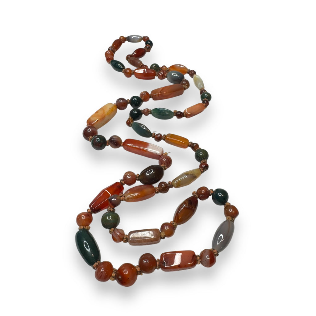 Carnelian Agate Bloodstone Knotted Bead Necklace 48" Multicolor Gemstone