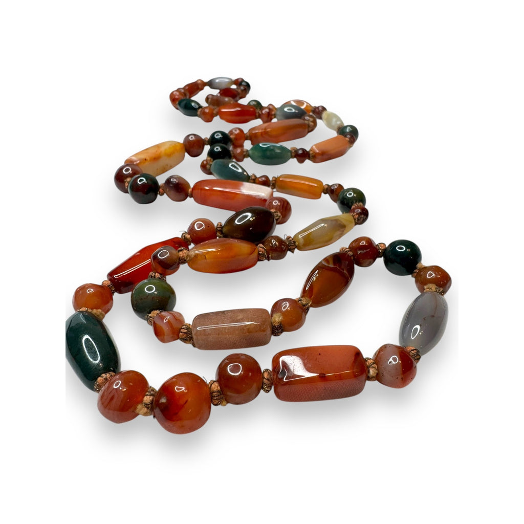 Carnelian Agate Bloodstone Knotted Bead Necklace 48" Multicolor Gemstone
