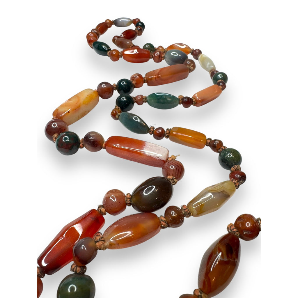 Carnelian Agate Bloodstone Knotted Bead Necklace 48" Multicolor Gemstone