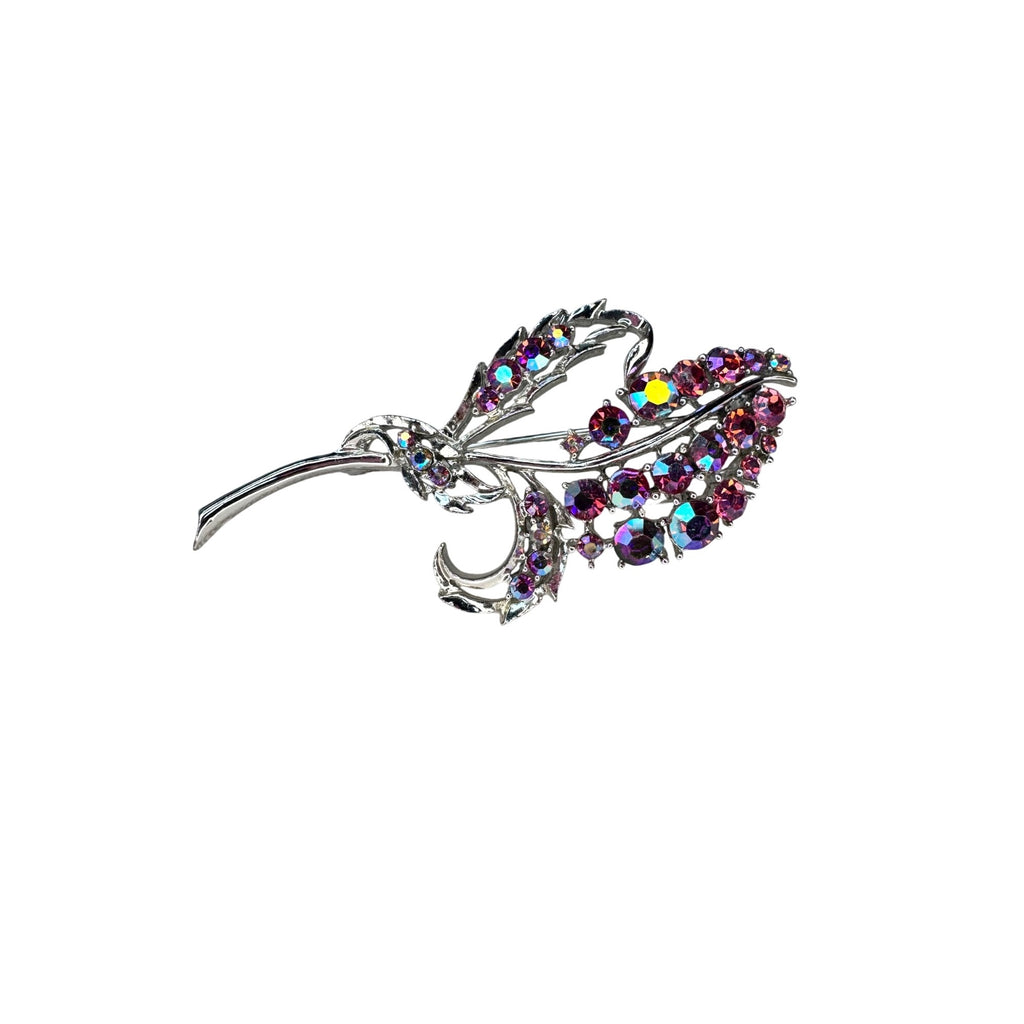 Aurora Borealis Crystal Leaf Spray Brooch Pink Purple Silver Tone 1960s Vintage