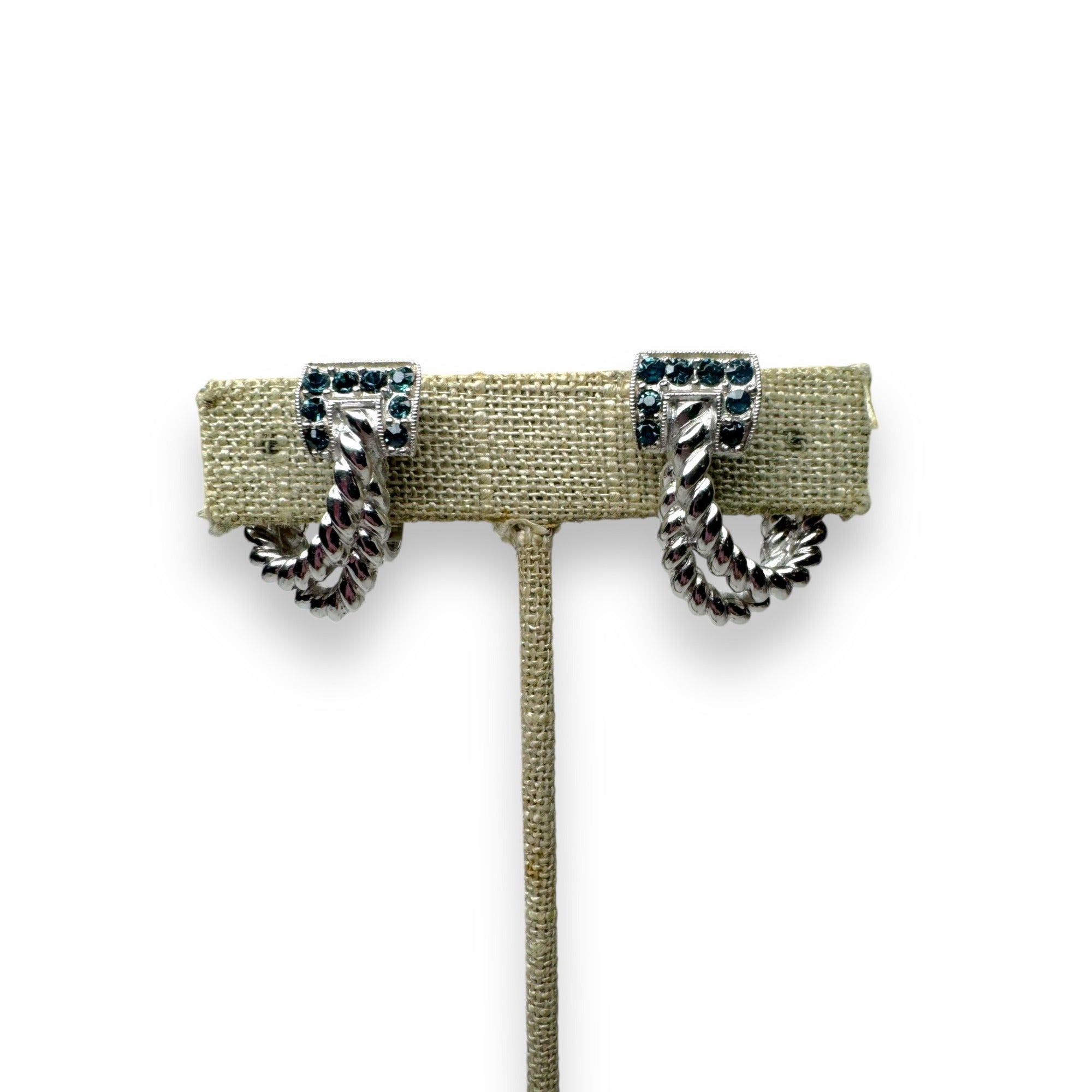 Vintage Crown Trifari Blue Crystal Silver Tone Clip-On Earrings