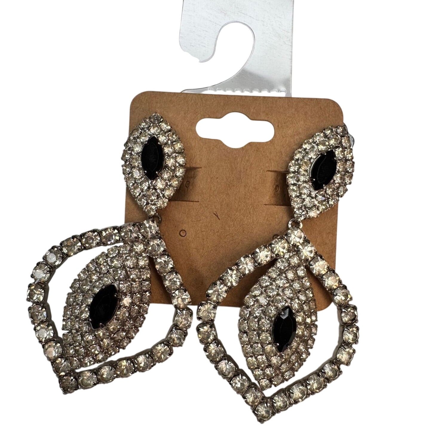 silver tone clear black crystal heavy dangle clip on statement earrings