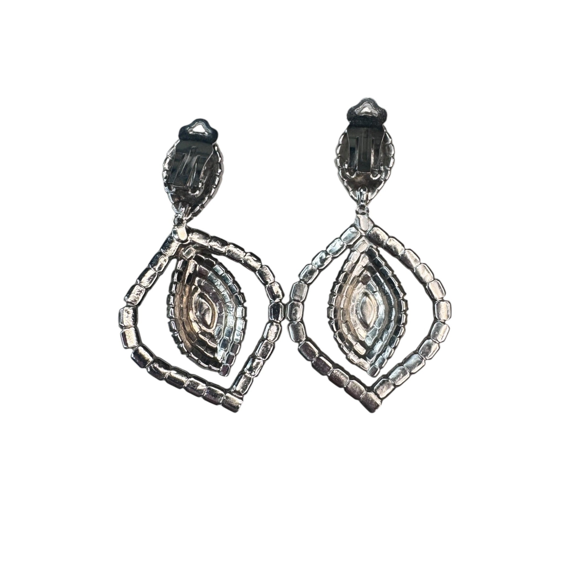 silver tone clear black crystal heavy dangle clip on statement earrings