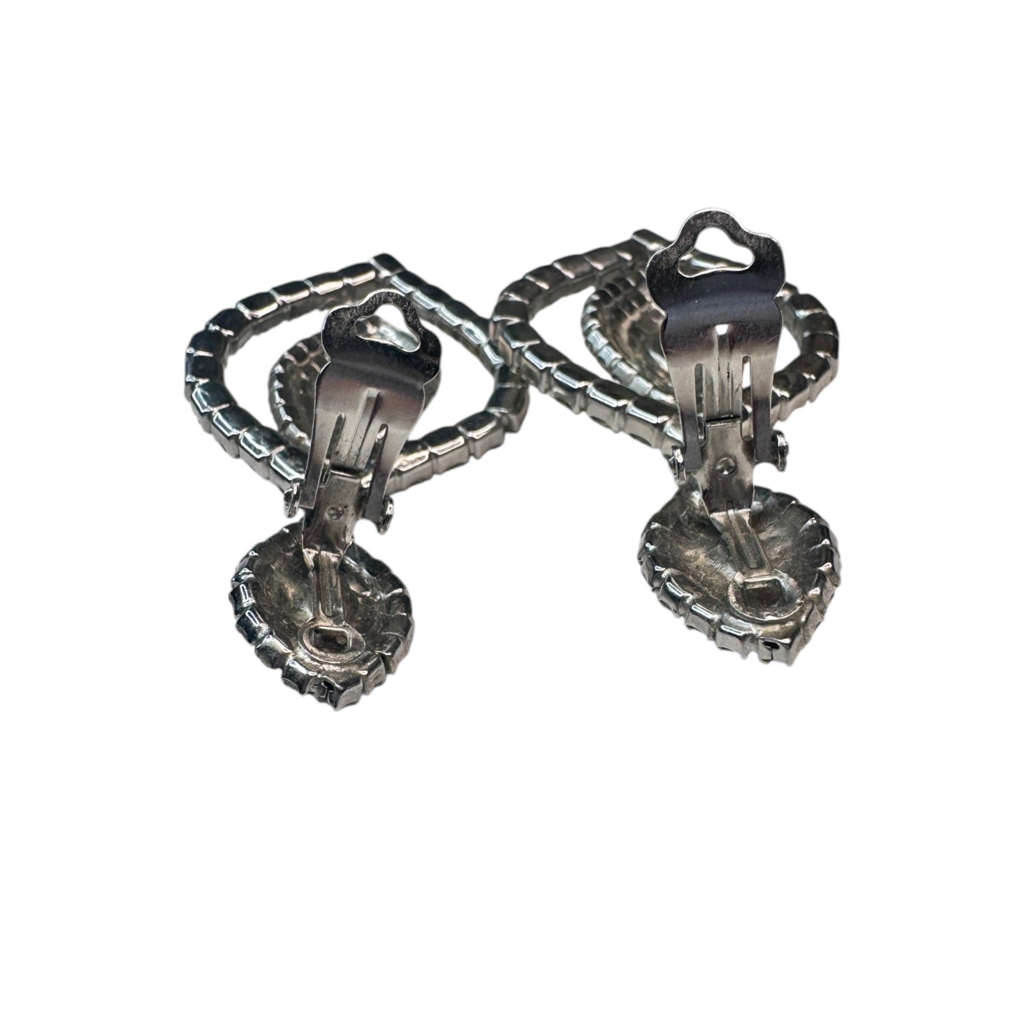 silver tone clear black crystal heavy dangle clip on statement earrings