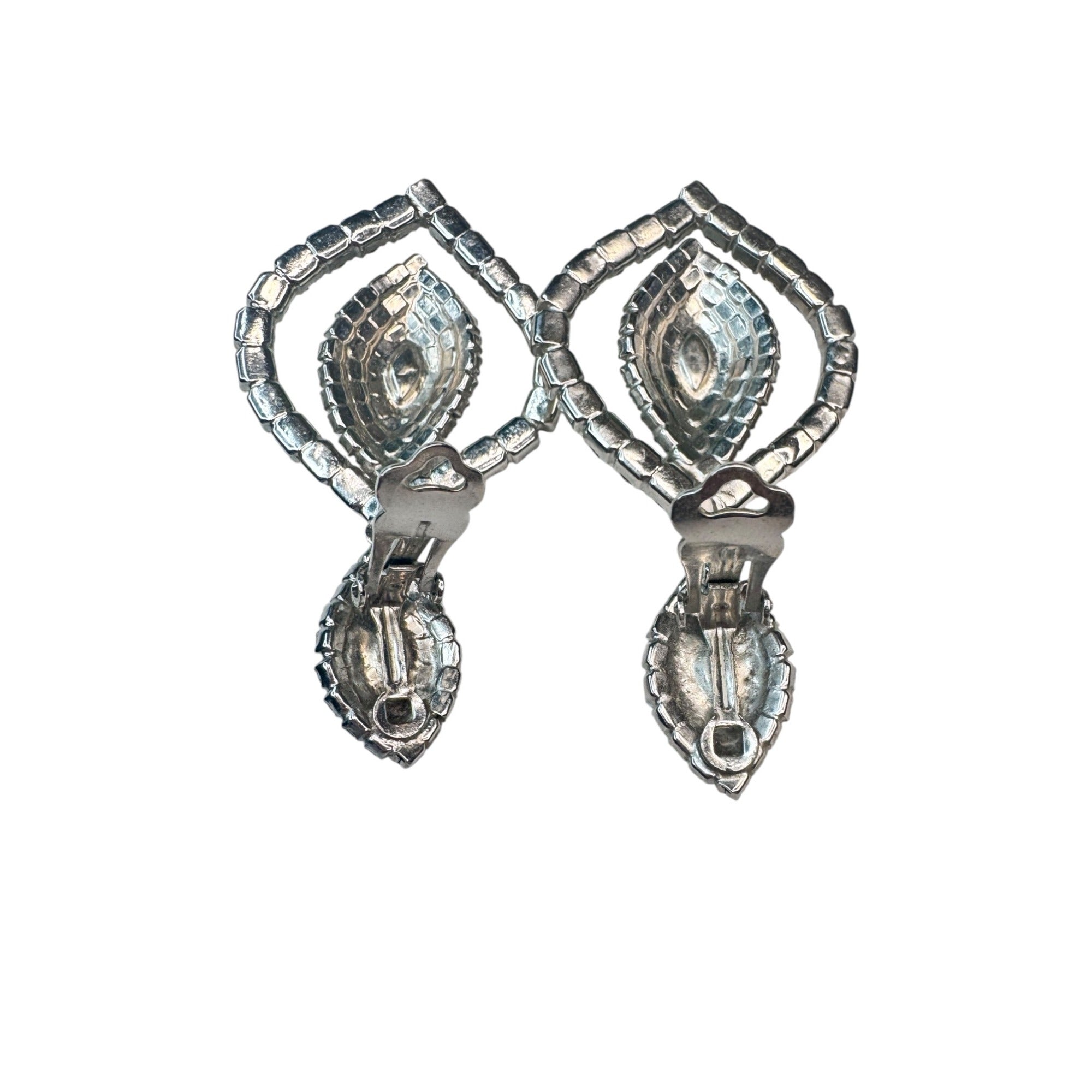 silver tone clear black crystal heavy dangle clip on statement earrings