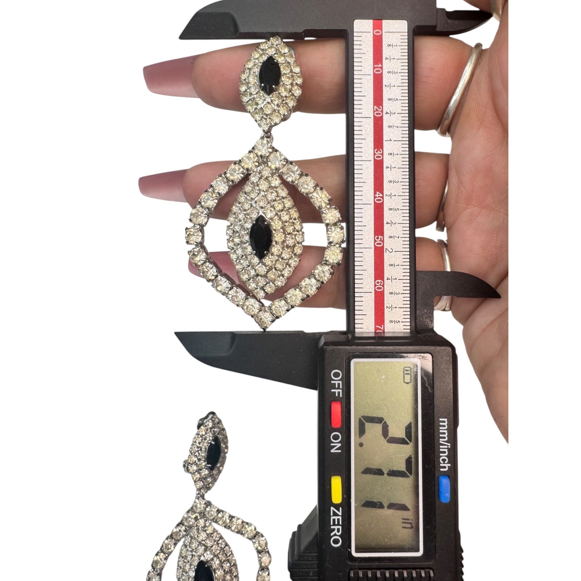 silver tone clear black crystal heavy dangle clip on statement earrings