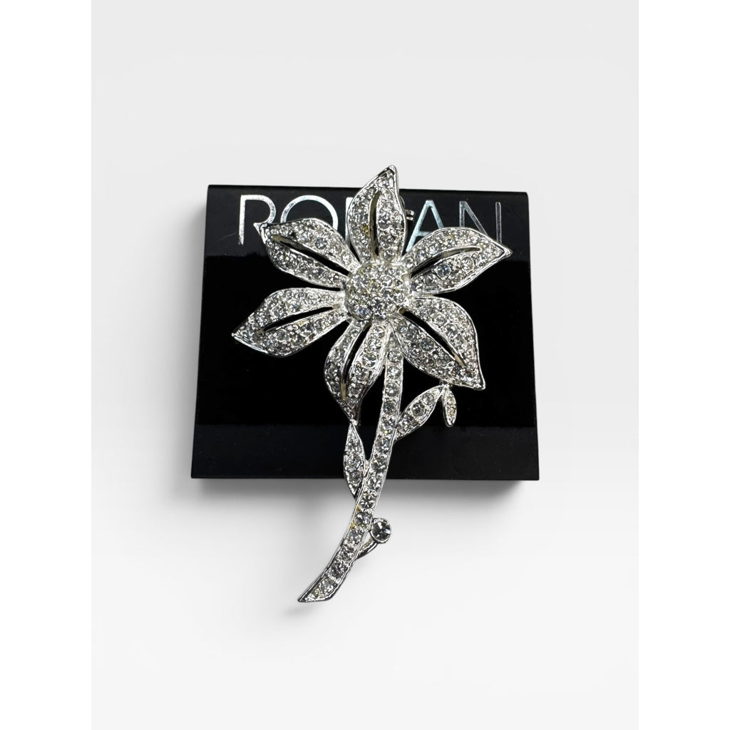 Roman Silver Tone Crystal Flower Brooch Pave Floral Pin Signed