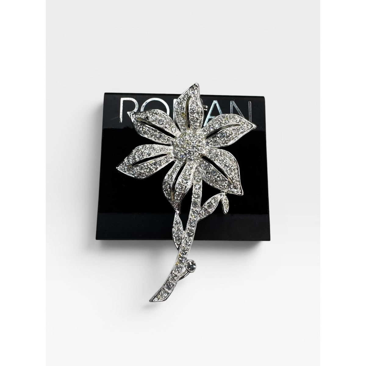 Roman Silver Tone Crystal Flower Brooch Pave Floral Pin Signed