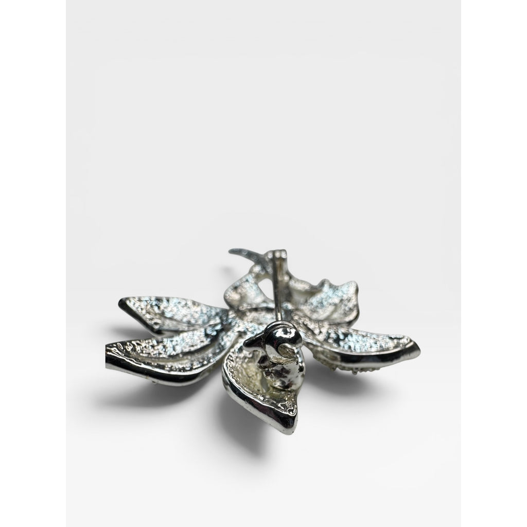 Roman Silver Tone Crystal Flower Brooch Pave Floral Pin Signed