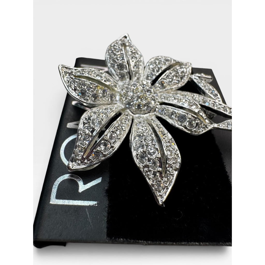 Roman Silver Tone Crystal Flower Brooch Pave Floral Pin Signed