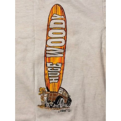 Oneita Men's XL Shirt White Huge Woody's Surfboards Single Stitch 90s