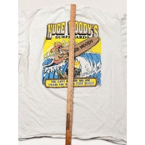 Oneita Men's XL Shirt White Huge Woody's Surfboards Single Stitch 90s