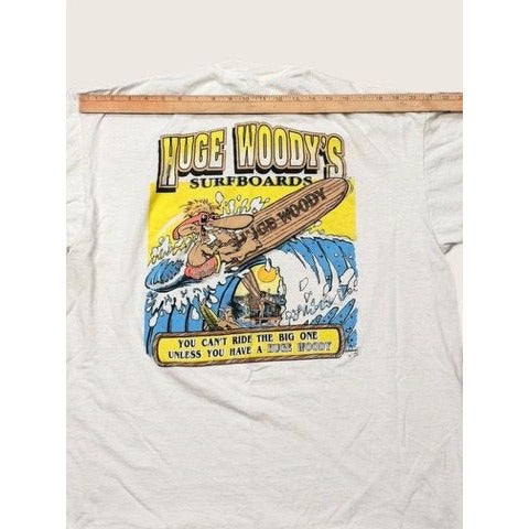 Oneita Men's XL Shirt White Huge Woody's Surfboards Single Stitch 90s