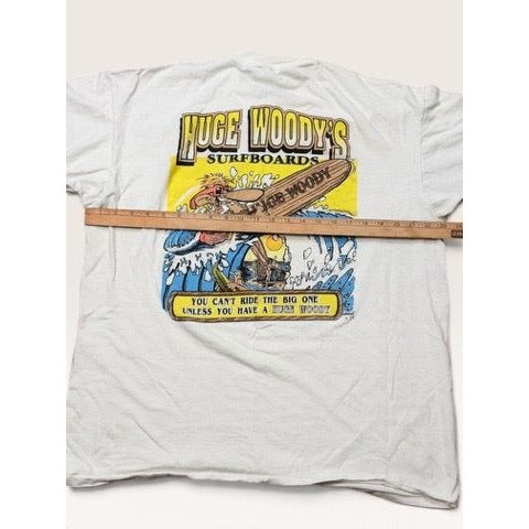 Oneita Men's XL Shirt White Huge Woody's Surfboards Single Stitch 90s