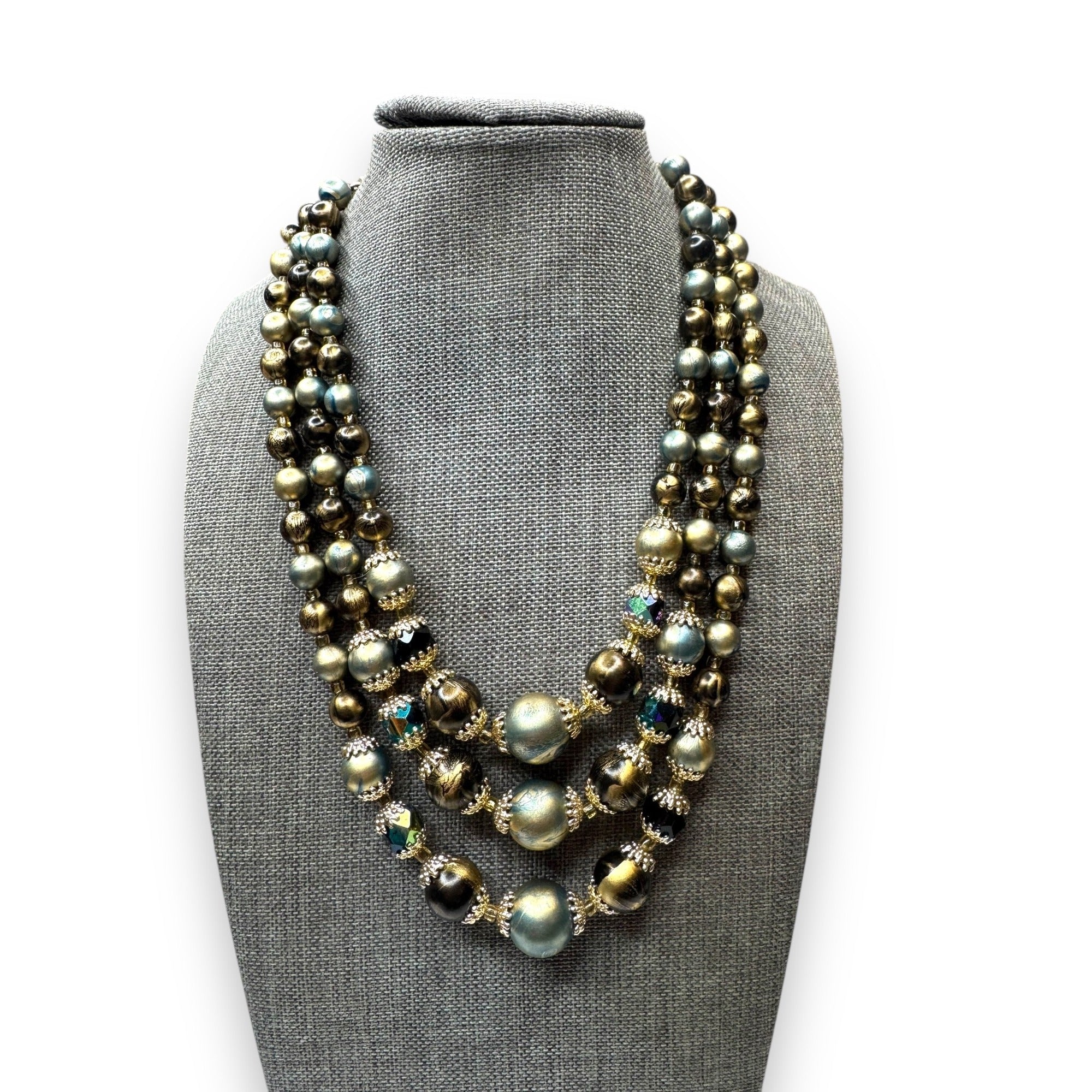Japan Mid Century Multi-Strand Necklace Crystal Acrylic Beads 14-17"