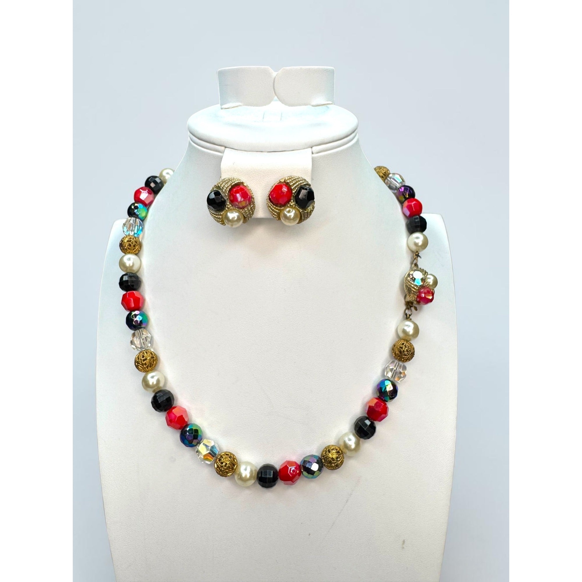 Multicolor Crystal Faux Pearl Beaded Necklace Earrings Set 1960s Vintage